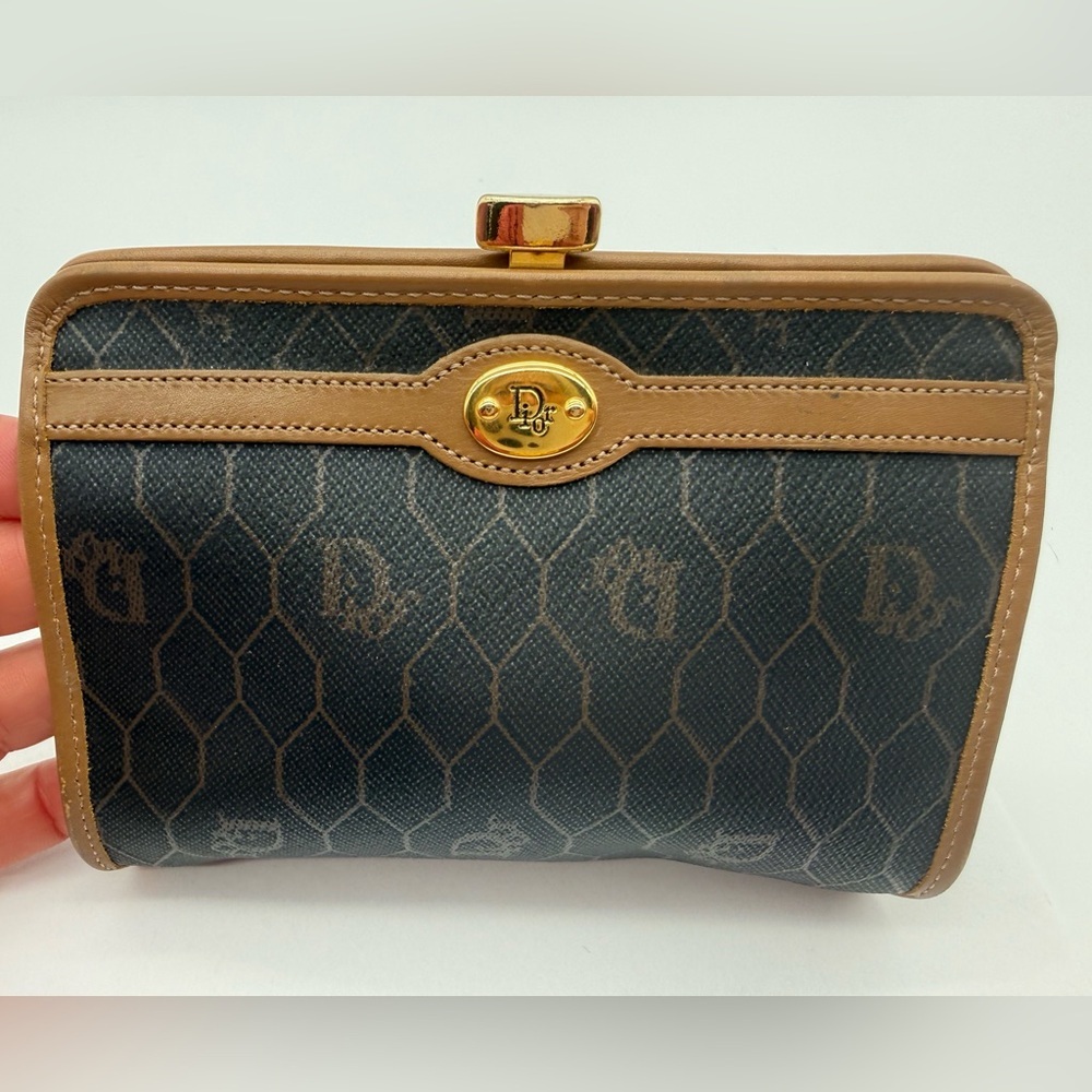 Christian Dior Honeycomb Canvas Pouch PVC Black Tan and Gold